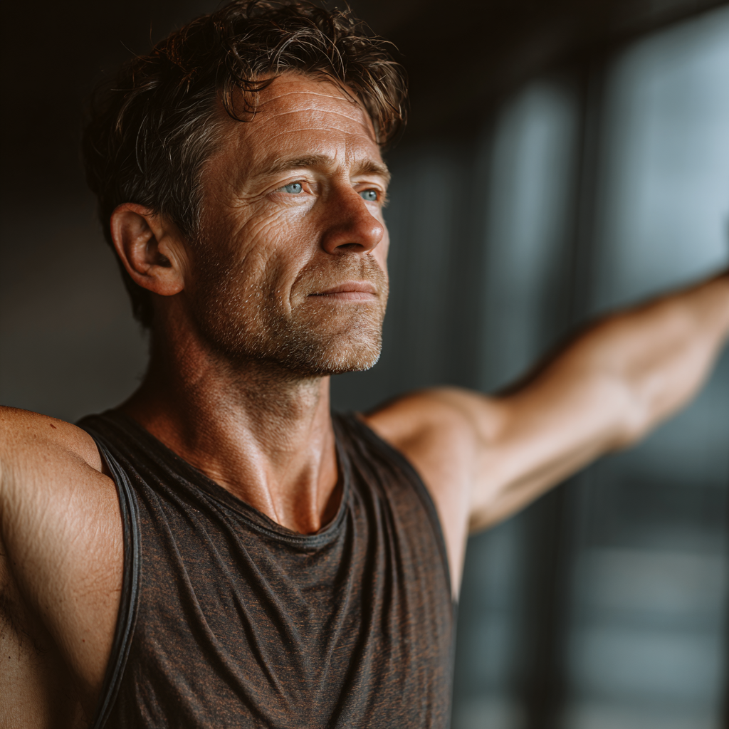 A focused man in his early 50s performing a standing yoga pose in a modern studio, demonstrating balance and concentration, wearing neutral-colored athletic wear, with soft natural lighting highlighting his determined yet peaceful expression