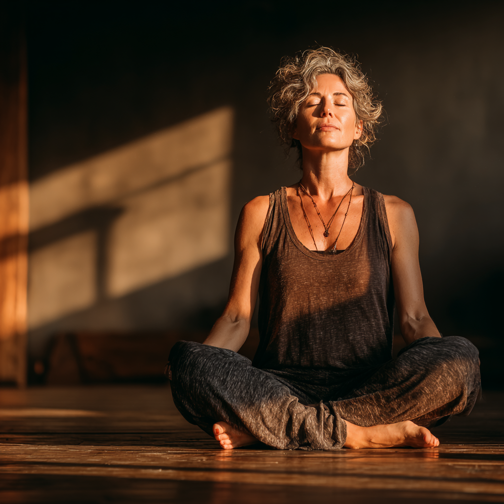 A serene middle-aged woman in her late 40s practicing yoga in a peaceful studio setting, sitting in lotus position with eyes closed, wearing comfortable yoga attire, natural lighting creating a calm atmosphere